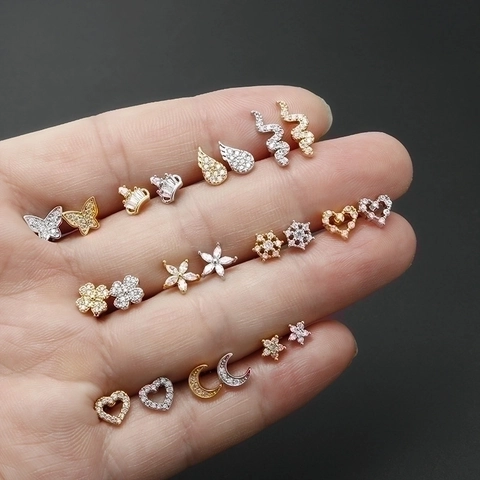 Micro Pave Zircon Heart Moon Star Ear Cartilage Stud Earrings Stainless Steel Screw Ball Back Body Piercing Jewelry For Women