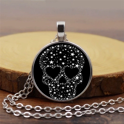 Collana Pendente Tondo Motivo Teschio Stella Cuore Vintage Lega Cabochon Vetro Gioielli Per Uomini Donne
