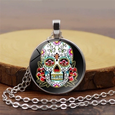 Mexikanische Sugar Skull Anhänger Halskette Legierung Glas Cabochon Tag Der Toten Vintage Schmuck Für Damen Herren