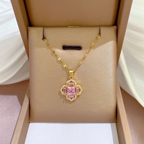Kleeblatt Blume Anhänger Halskette Titan Stahl Kette Kupfer Mikro Pave Rosa Zirkon Eleganter Schmuck Für Damen