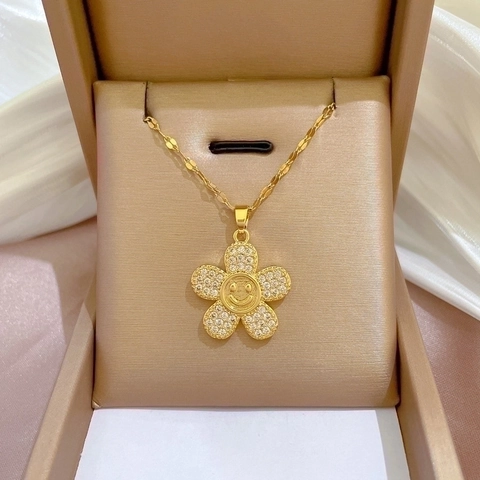 Smiley Gezicht Bloem Hanger Ketting Verguld Titanium Staal Koper Micro Ingelegde Strass Mode Sleutelbeen Ketting Vrouwen