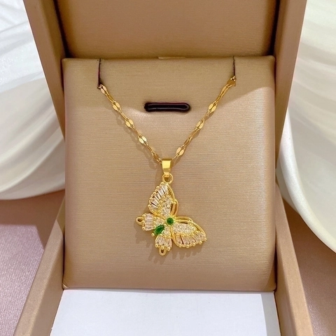 Collana Con Pendente A Farfalla In Acciaio Al Titanio E Rame Con Zircone Intarsiato Placcato Oro Gioielli Da Donna