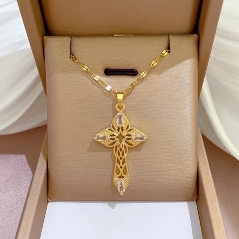 Collana Con Pendente A Croce Traforata Catena In Acciaio Al Titanio Intarsio Di Zirconi Placcato Oro Girocollo Elegante Per Donna