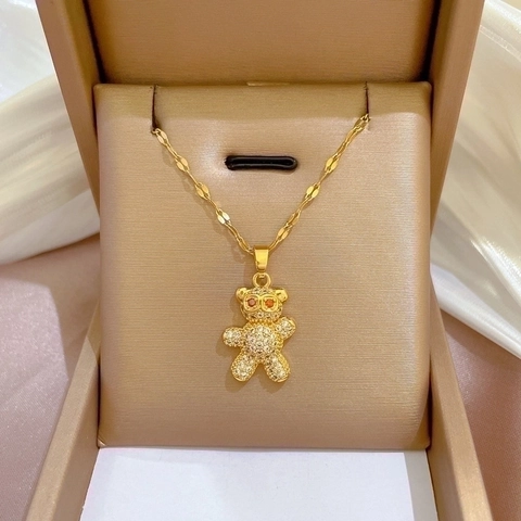 Teddy Bear Pendant Necklace Titanium Steel Chain Copper Micro Paved Rhinestone Zircon Shiny Luxury Jewelry For Women