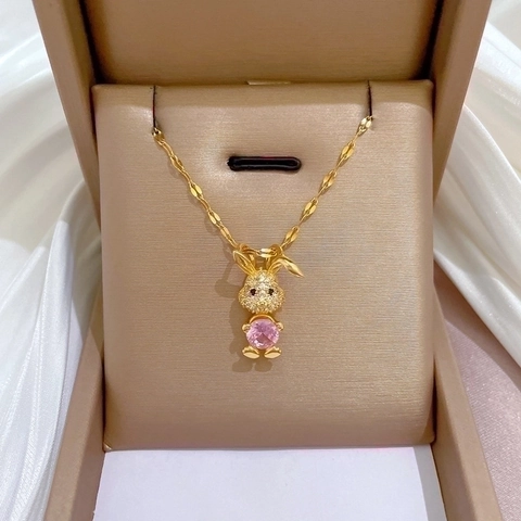 Collana Pendente Coniglio Rosa Acciaio Inossidabile Zirconia Placcato Oro Catena Clavicola Gioielli Da Donna