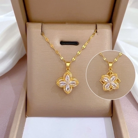 Élégant Collier Pendentif Fleur Trèfle Chaîne En Acier Inoxydable Cuivre Zircon Incrusté Bijoux De Luxe Pour Femmes