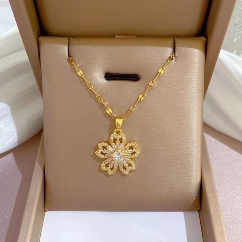 Collana Con Pendente A Fiore Catena In Acciaio Al Titanio Rame Con Zircone Intarsiato Zirconia Scintillante Gioielli Eleganti Da Donna