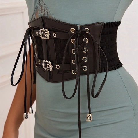 Cinturón de Corsé con Cordones Rétro para Mujer Cuero Sintético Cinturón Ancho Elástico Decorativo para Vestidos
