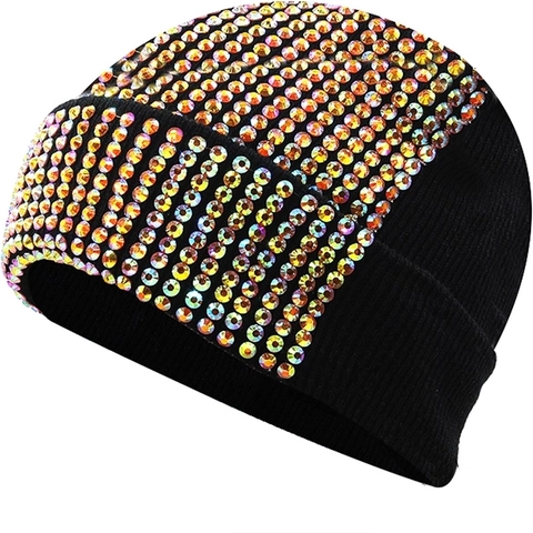 Rhinestone Decorated Acrylic Knit Beanie Winter Warm Punk Style Unisex Cuff Hat Fashion Outdoor Accessories Headwear