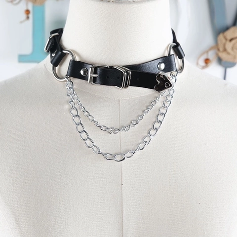 Girocollo Punk Goth in Pelle Nera PU con Catena a Cuore e Giarrettiera da Coscia per Donna Gioielli Moda JK