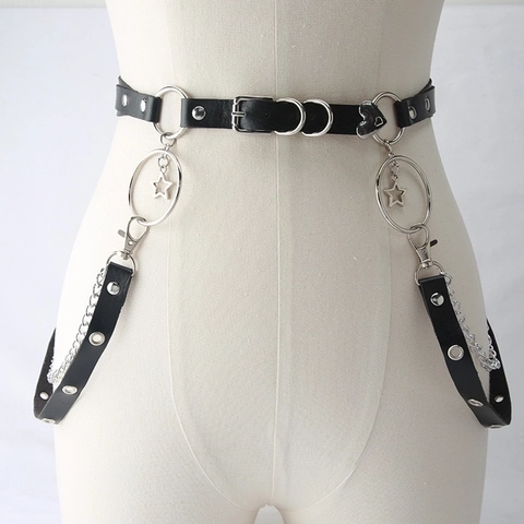 Imbracatura per il Corpo in Pelle PU Harajuku Punk Goth Lolita con Catena in Metallo Ciondolo Stella Cuore Cintura Regolabile Donna