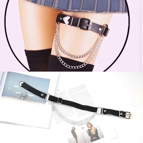 Liga Gótica Punk de Cuero PU Negro Con Cadenas de Metal Dobles Decoración de Corazón Anello de Pierna Ajustable Accesorios JK Mujer
