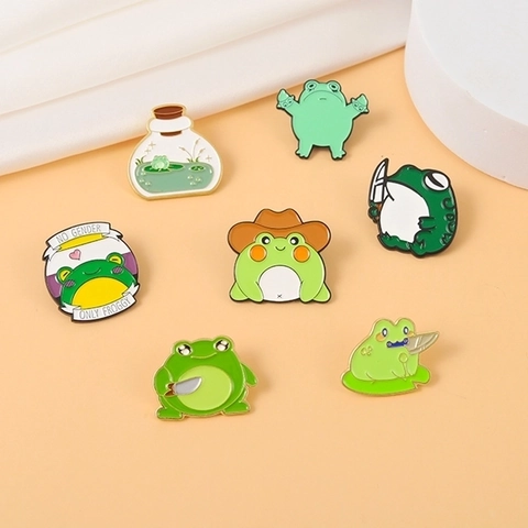 Lustige Cartoon Frosch Emaille Pin Set Legierung Tier Grüner Frosch Mit Messer Flasche Cowboyhut Abzeichen Schmuck Brosche Für Kleidung Taschen