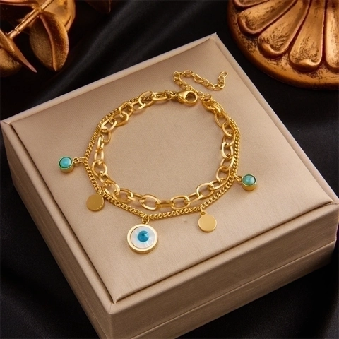 Evil Eye Doppellagiges Armband Edelstahl Vergoldet Türkis Runder Scheibenanhänger Bohemian Modeschmuck Für Damen