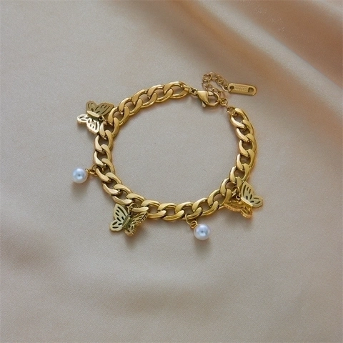 Pulsera De Colgante De Mariposa Acero Inoxidable Perla Artificial Cadena Bañada En Oro Irregular Joyería Mujer Diseño Elegante