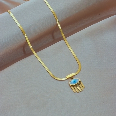Evil Eye Pendant Necklace Stainless Steel Gold Plated Snake Chain Blue Eye Tassel Lucky Tag Vintage Jewelry For Women