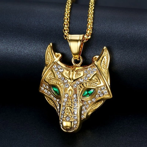 Collana Con Ciondolo Testa Di Lupo Acciaio Inossidabile Placcato Oro Strass Occhi In Zircone Verde Hip Hop Vichingo Celtico Punk Gioielli