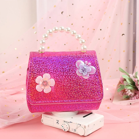 Girls Mini Crossbody Bag Glitter PU Leather With Artificial Pearl Handle Butterfly Flower Decor Fashion Cute Shoulder Handbag