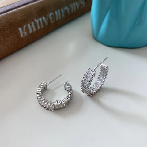 Baguette Rechteckige Zirkonia C-Form Ohrstecker Mit 925 Sterling Silber Ohrstecker Für Damen Einfach Elegant