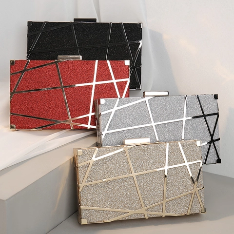 Women Evening Clutch Bag Glitter Sequins Geometric Metal Frame Box Shape Party Prom Wedding With Chain Strap