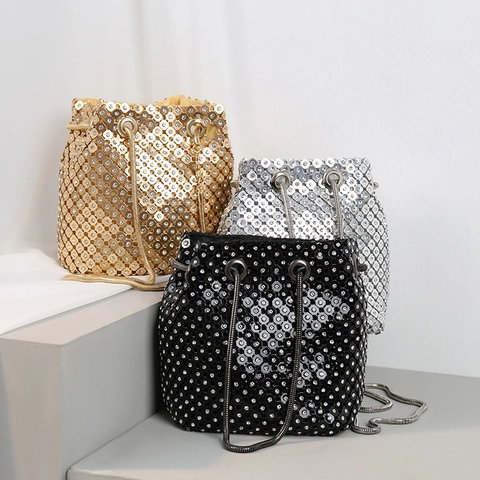 Glänzende Pailletten Strass Eimer Abendtasche Für Damen Metallgitter Kordelzug Kettengurt Umhängetasche Party Handtasche