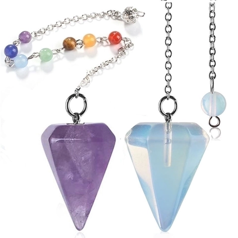 Natural Stone Hexagonal Pillar Pointed Crystal Pendulum Necklace With Beads For Yoga Healing Chakra Amethyst Quartz