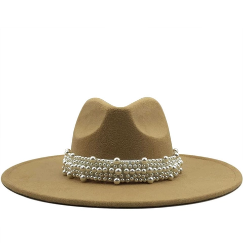 Cappello Fedora A Tesa Larga Da Donna Feltro Lana Cashmere Elegante Decoro Künstliche Perle Jazz Chiesa Berretto Vintage Tinta Unita