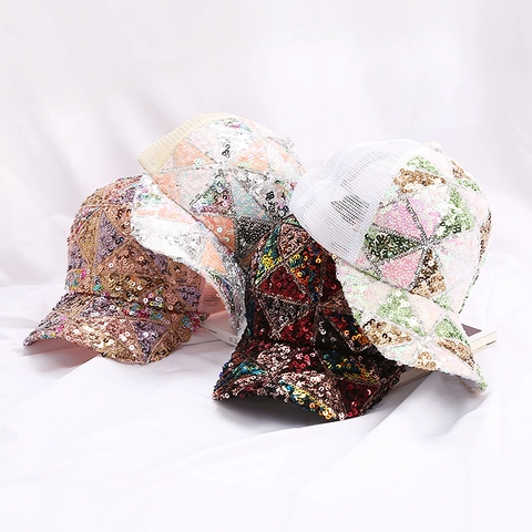 Gorra De Béisbol Con Lentejuelas De Moda Malla Transpirable Sombrero Ajustable Con Sombrilla Para Exterior Mujer