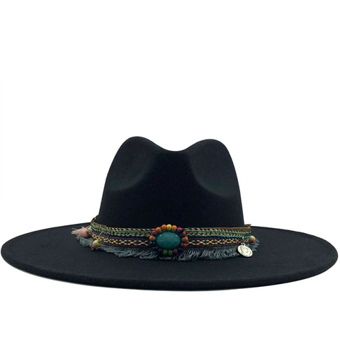 Vintage Wide Brim Fedora Hat Woolen Felt Ethnic Bohemian Style Jazz Church Cap For Women And Men