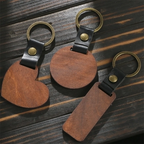 Portachiavi In Legno Vintage Noce E Pelle PU Anello Retro Minimalista Pendente Cuore Tondo Rettangolo Per Chiavi
