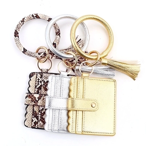 PU Leder Armband Schlüsselanhänger Kartenhalter Brieftasche Mit Rundem Armreif Und Quaste Leoparden Schlangenmuster Damen