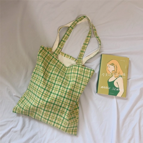 Karierte Baumwolle Canvas Tote Bag Große Kapazität Plaid Schulter Handtasche Für Frauen Künstlerischer Einfacher Frischer Stil