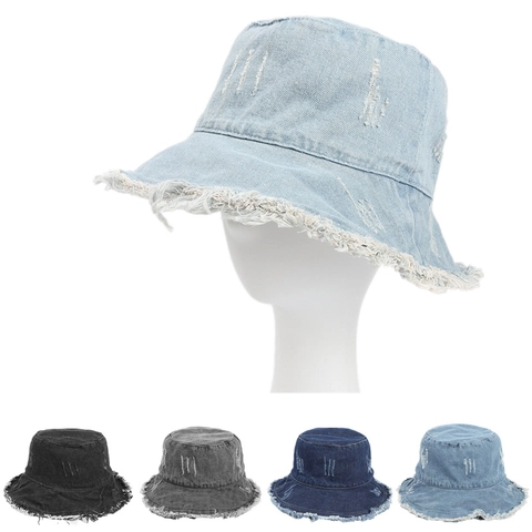 Vintage Washed Denim Bucket Hat With Distressed Frayed Edge Wide Brim Sun Protection Streetwear For Women