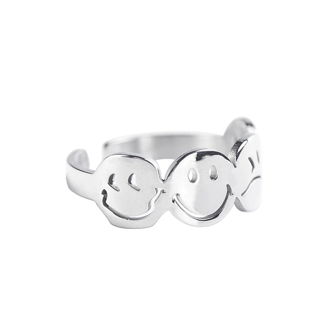 Hip Hop Smiley Crying Face Open Ring Titanium Steel Adjustable Band Trendy Unisex Finger Ring Fashion Jewelry Gift Silver Color