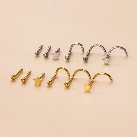 Stainless Steel Star Ball Cone Shaped Straight And L-Shaped Nose Studs Piercing Jewelry For Women And Men