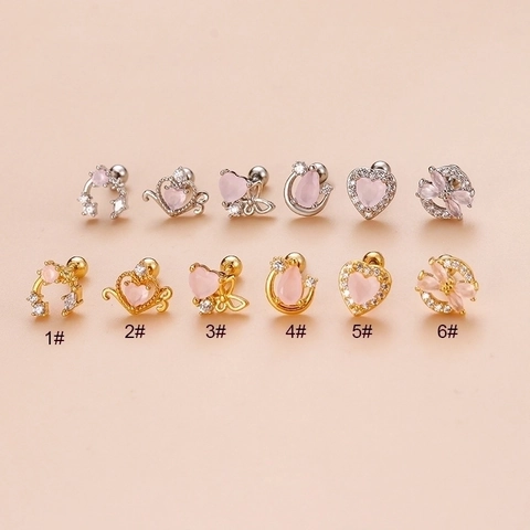 Hart Vlinder Kraakbeen Oorknopjes Roestvrij Staal Koper Zirconia Roze Edelsteen Schroefsluiting Piercing Sieraden Zoet