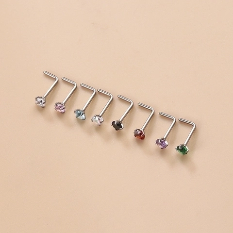 L-Shaped Nose Stud Stainless Steel Round Cubic Zirconia Piercing Jewelry Simple Trendy For Women Men