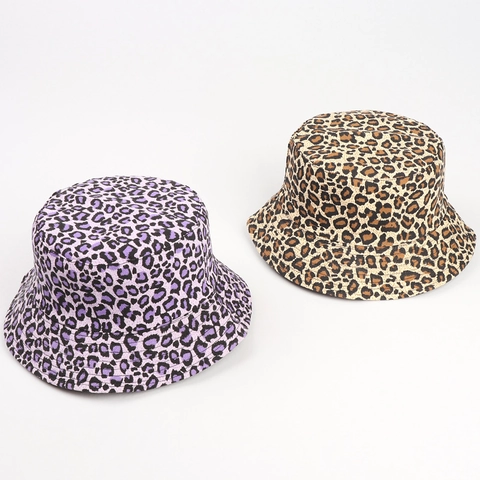 Reversible Leopard Print Bucket Hat Canvas Double Sided Wide Brim Foldable Sun Protection Fisherman Hat For Women