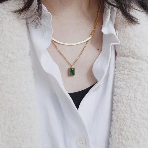 Collana A Doppio Strato In Acciaio Al Titanio Pendente In Zircone Verde Rettangolare Gioielli Di Moda Stile Francese Donne