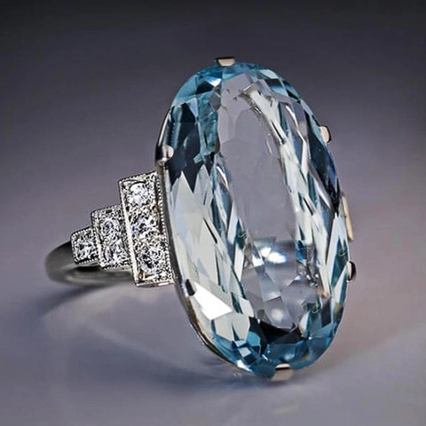 Exquisite Oval Blue Crystal Ring For Women Vintage Art Deco Style Copper Zircon Inlaid Cocktail Jewelry