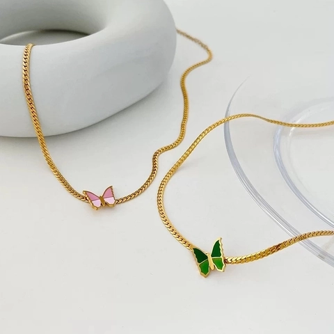 Schmetterling Anhänger Halskette Edelstahl Flache Schlangenkette Emaille Retro Süß Cool Schmuck Für Damen
