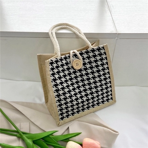 Borsa Tote In Tela Di Juta Motivo Pied De Poule Zebra Piccola Borsa A Mano Portatile Manico Corda Cotone Bottone Legno