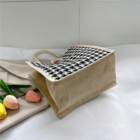 Borsa Tote In Tela Di Juta Motivo Pied De Poule Zebra Piccola Borsa A Mano Portatile Manico Corda Cotone Bottone Legno