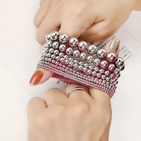 Stainless Steel Round Bead Bracelet Polished High Shine Waterproof Elastic Stretch Cord Simple Minimalist Modern Jewelry Unisex