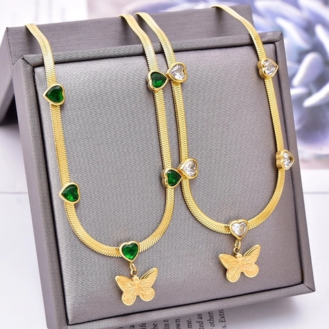 Titanstahl Schmetterling Herz Zirkonia Anhänger Halskette Für Frauen Schlangenkette Eleganter Schmuck