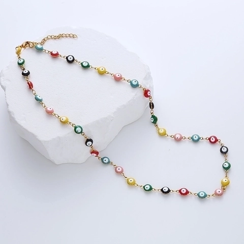 Böser Blick Halskette Edelstahl 18K Vergoldet Türkisch Ethnisch Vintage Bunte Emaille Perlen Schmuck Für Damen