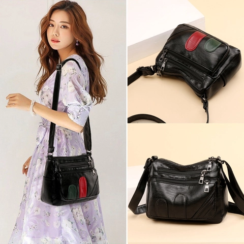 Sac Bandoulière Femme En Cuir PU Texture Litchi Multi Poches Triple Fermeture Éclair Rayures Rouge Vert Mode Décontracté