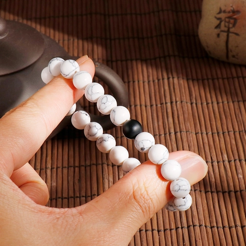 White Turquoise And Matte Black Agate Beaded Bracelet Natural Stone Minimalist Zen Jewelry For Couples