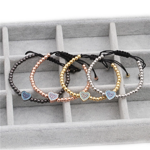 Pulsera Con Dije De Corazón Cuentas De Cobre Micro Pavé Circón Cuerda Tejida Ajustable Joyas De Moda Hechas A Mano