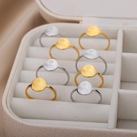 Minimalistisch Edelstahl Sonne Mond Hand Graviert Offene Ringe Für Damen Herren Vintage Gold Silber Plattiert Verstellbar Ringe Schmuck Geschenk